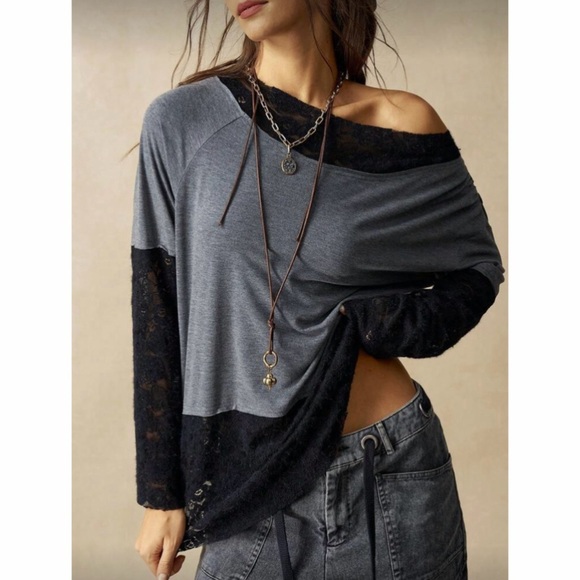 Charcoal and Black Lace Detail Soft Oversized One Shoulder Pleating Top - Picture 3 of 5